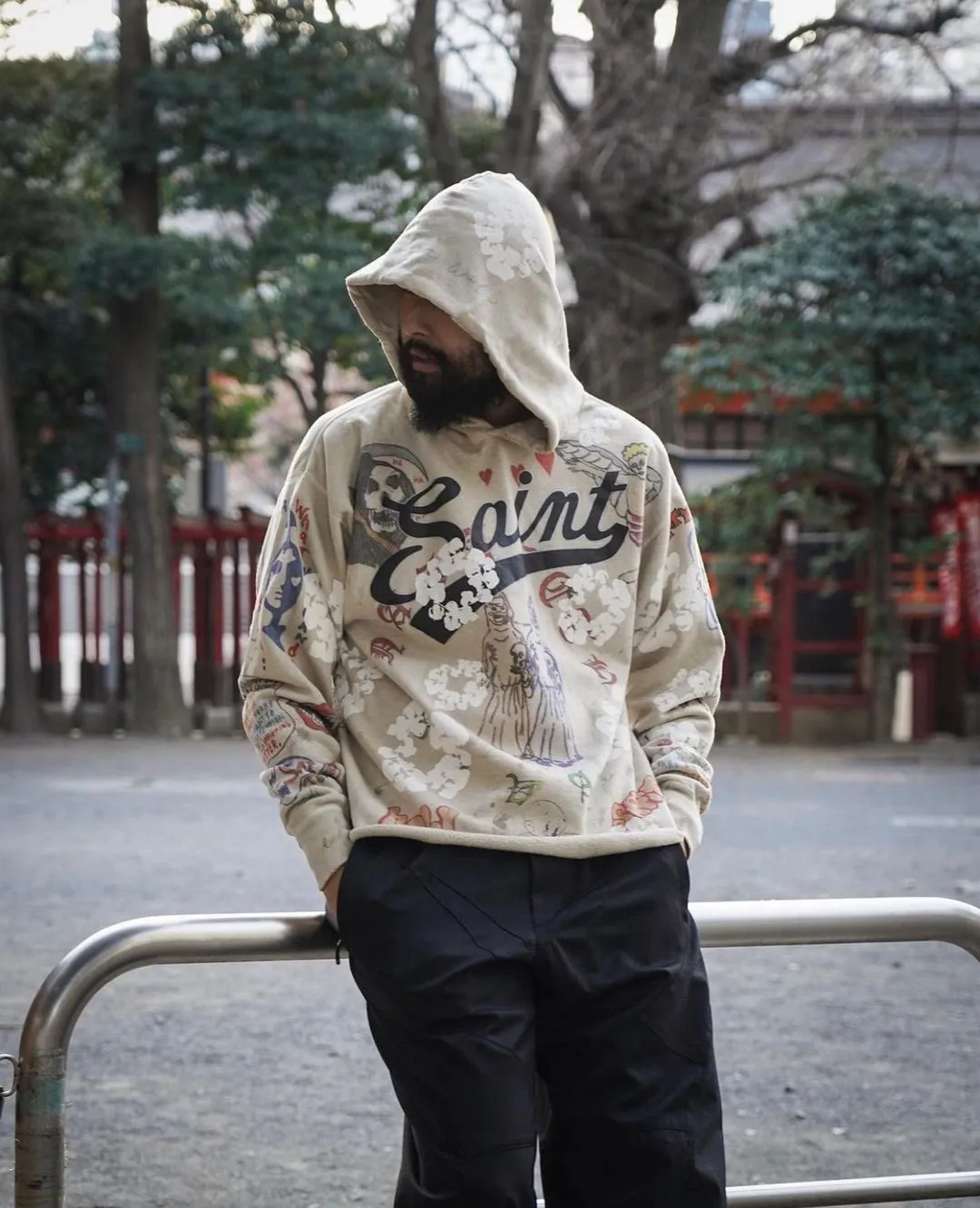 DENIM TEARS × ©SAINT M×××××× "SAINT TEARS" Graffiti Hoodie Joint Model Cotton Graffiti Hoodie Fully Printed Washed Distressed Holes Vintage Sweatshirt Gray S-XL Super Heavy Duty! The whole piece is printed with 35 screens and counterpoint printing!